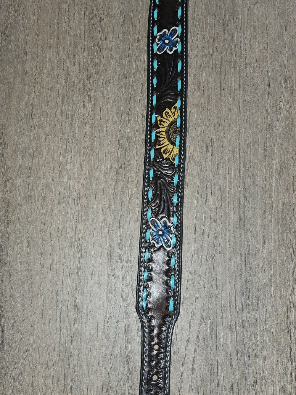 Handcrafted Dark Brown Leather 24" Dog Collar with Turquoise Stitching & Floral